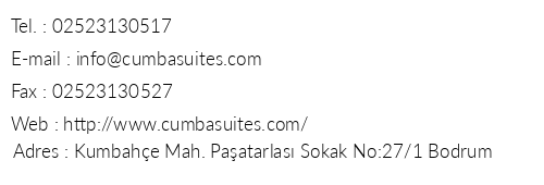 Cumba Suites telefon numaralar, faks, e-mail, posta adresi ve iletiim bilgileri